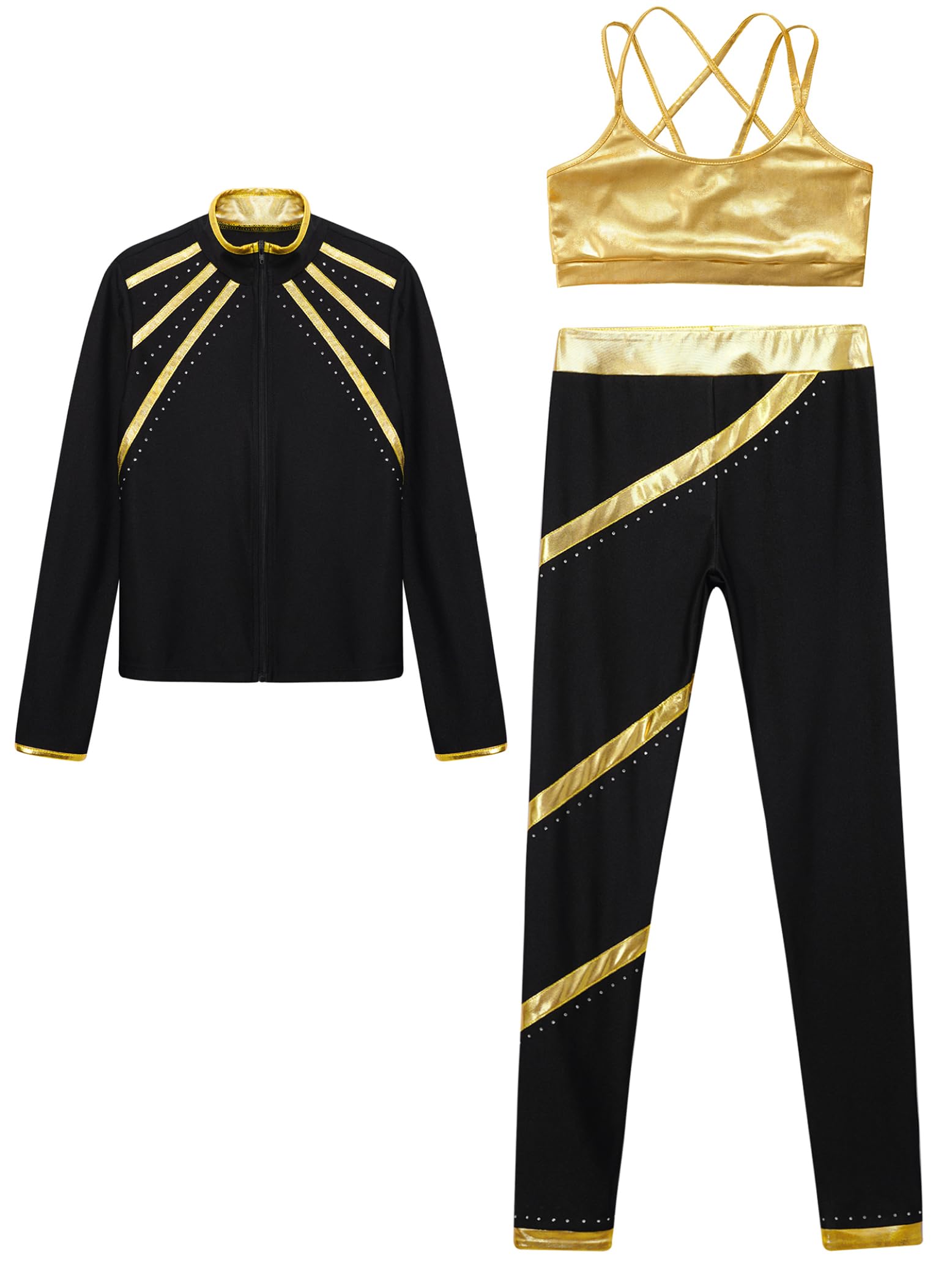Ropa de patinaje artístico para niñas y niños, chándal metálico, sujetador deportivo, strass, chaqueta brillante, rayas, patchwork, leggings dancewear