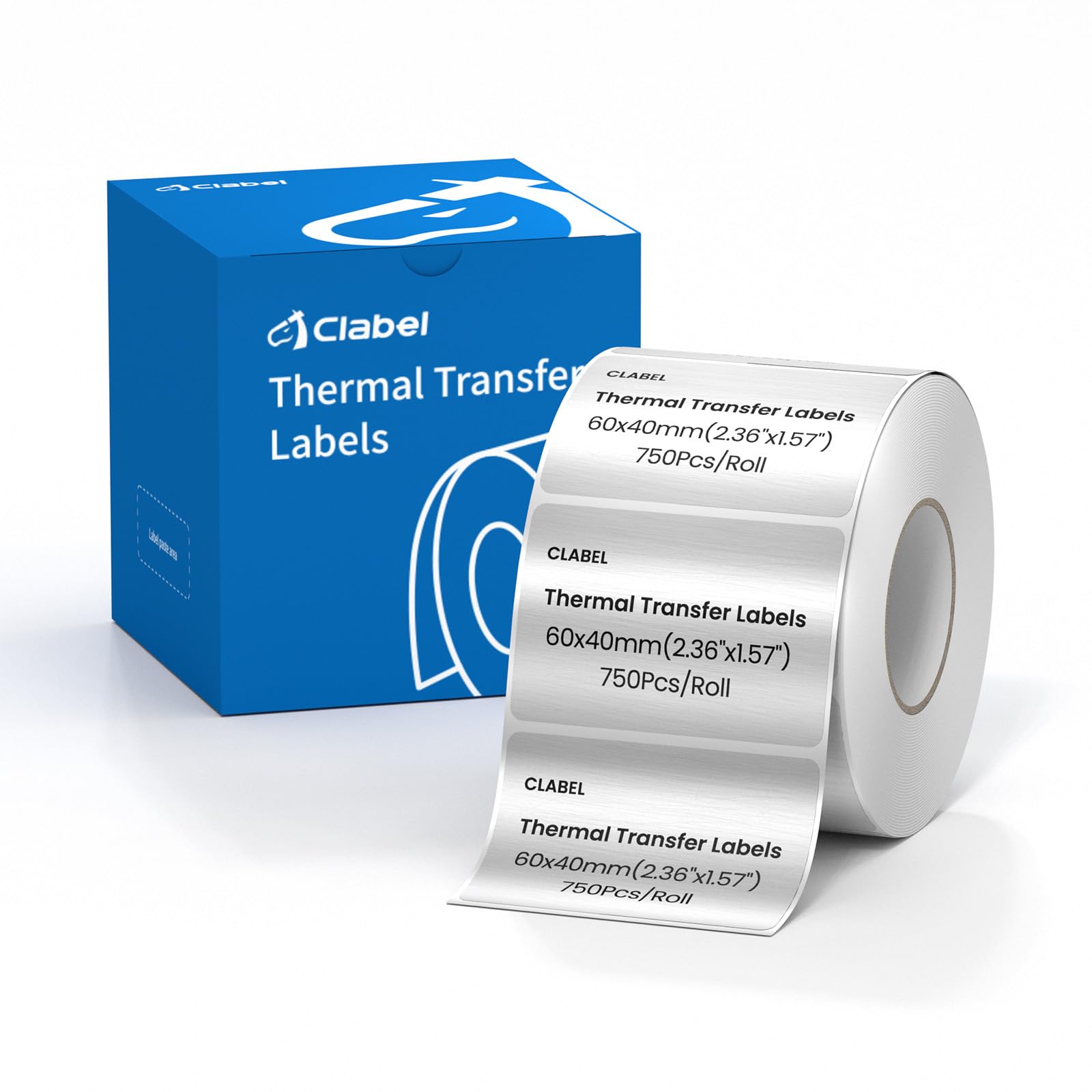 Clabel Thermal Transfer Silver PET Labels 2.36 x 1.57 in (60 x 40 mm) for Barcode and Asset Identification, 750 Labels per Roll, Inventory &amp; Equipment Labels, Compatible with Thermal Transfer Printers