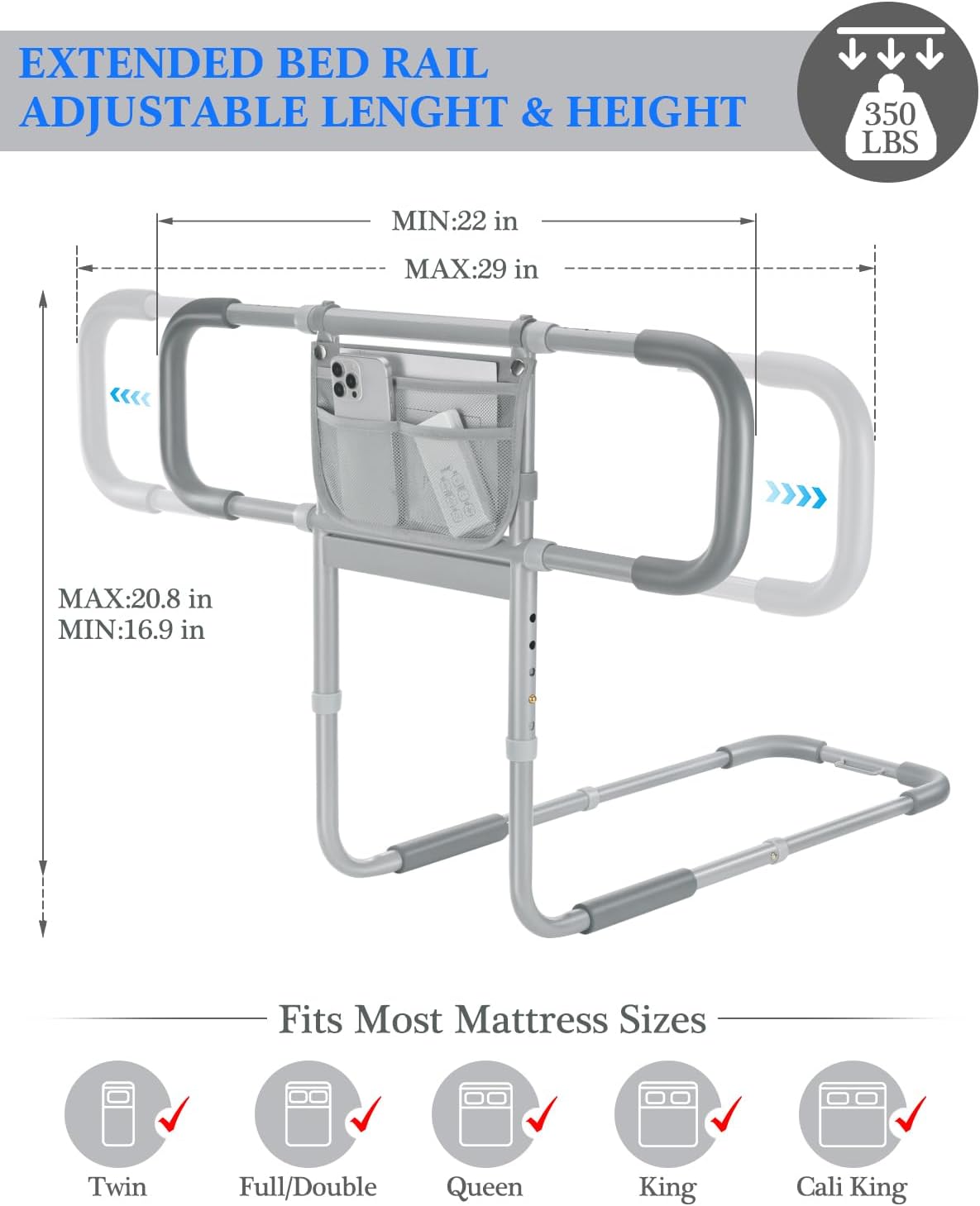 Siebenschläfer Bed Rails for Elderly Adults Safety, Extended Bed Assist Rail for Seniors - Adjustable Side Bed Guard Rails Handle Support Bar with Storage Bag, Fit King Queen Full Twin Beds