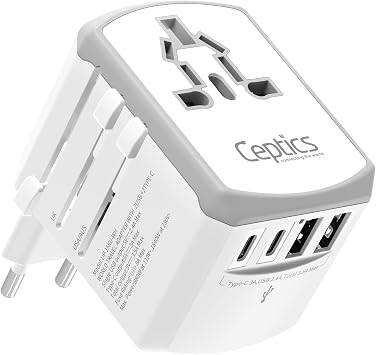 Ceptics Universal Travel Adapter 17.5W, 5 in 1 Universal Laptop Charger with 2X USB-A & USB-C 3.5A for Mobiles, Laptops, Cameras US, UK, EU, AU, All in 1 Type A, C, G, I Output, White | 17.5W USB Charging, Type A, C, G & I Plugs, Universal Socket for Global Compatibility, Perfect for Phones & Other gadgets