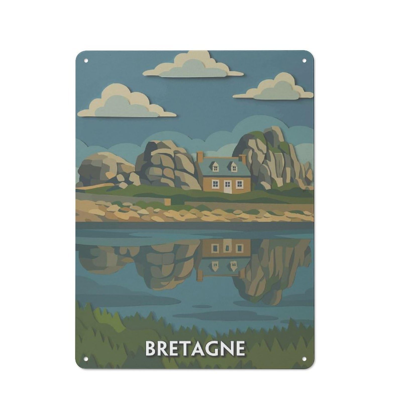 Junmoney Style-21 Vintage Metal Plaque 40X30cm Featuring Bretagne Coastal House Reflection, Diner Style Decor For Restaurant, Kitchen, Counter Or Breakfast Nook