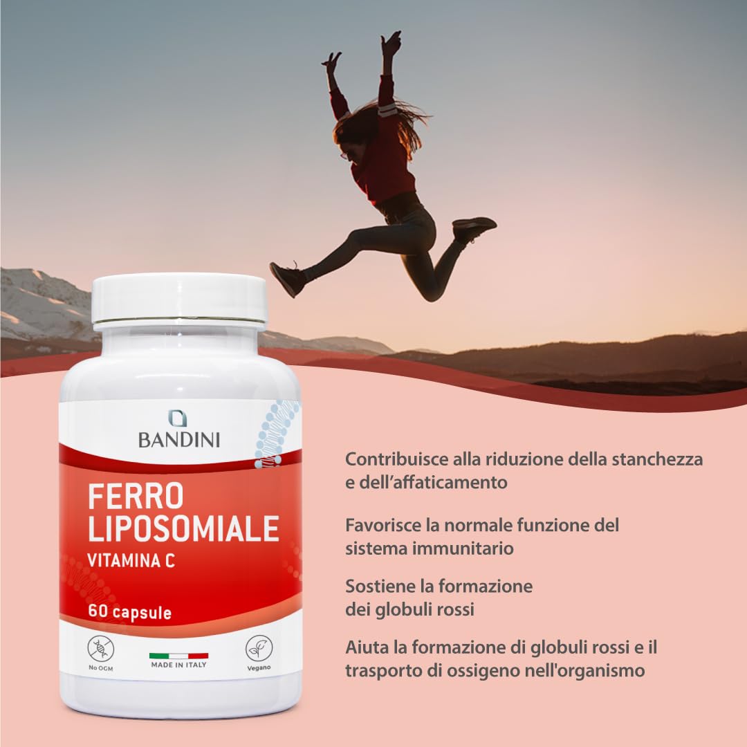 Bandini® Ferro Liposomiale Complex 30 mg – con Vitamina C, Acido Folico, B12, B6 e A – Alta Biodisponibilità e assorbimento, contro Stanchezza e Affaticamento – 60 Capsule per 2 mesi