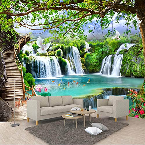 Waterfall Bird Lotus Fish Pond Wall Mural 3D Landscape Photo Wallpaper Home Decor Background Large Art Wall Painting for Living Room Bedroom 108'x 75'(W x H)(It's not Peel and Stick)