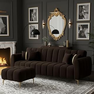 CASASTYLE Hanster 3 Seater Velvet Fabric Sofa Set with Extra Ottoman (Brown) with Golden Finish Legs | Durable & Comfortab... Price In India
