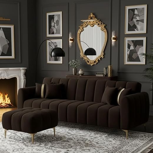 CASASTYLE Hanster 3 Seater Velvet Fabric Sofa Set with Extra Ottoman (Brown) with Golden Finish Legs | Durable & Comfortab...