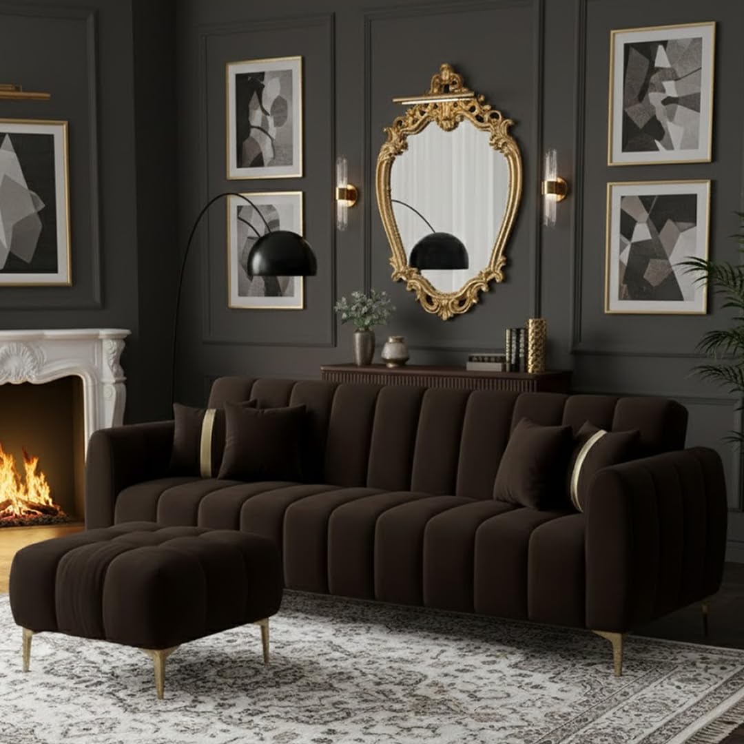 CASASTYLE Hanster 3 Seater Velvet Fabric Sofa Set with Extra Ottoman (Brown) with Golden Finish Legs | Durable & Comfortab... - Review, Price and Buying Guide