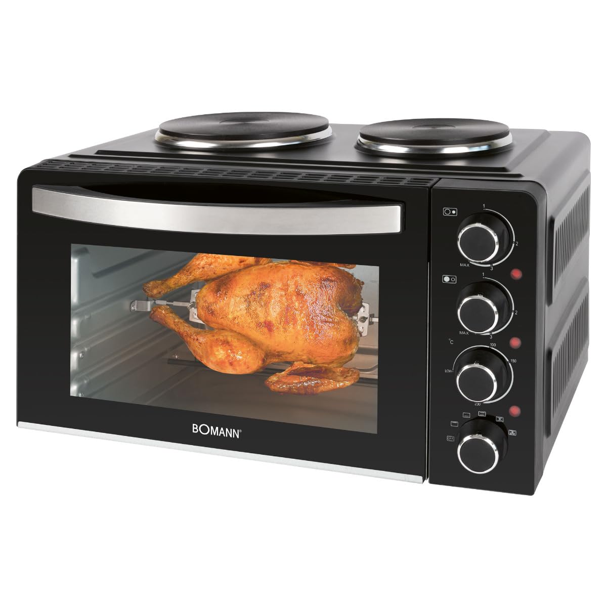 Bomann®mini piekarnik z płytą grzewczą i rożnem | gotowanie i pieczenie w tym samym czasie | 28L obracające się ciepło w górę/dół 100°-230°C | 3100 W z akcesoriami | KK