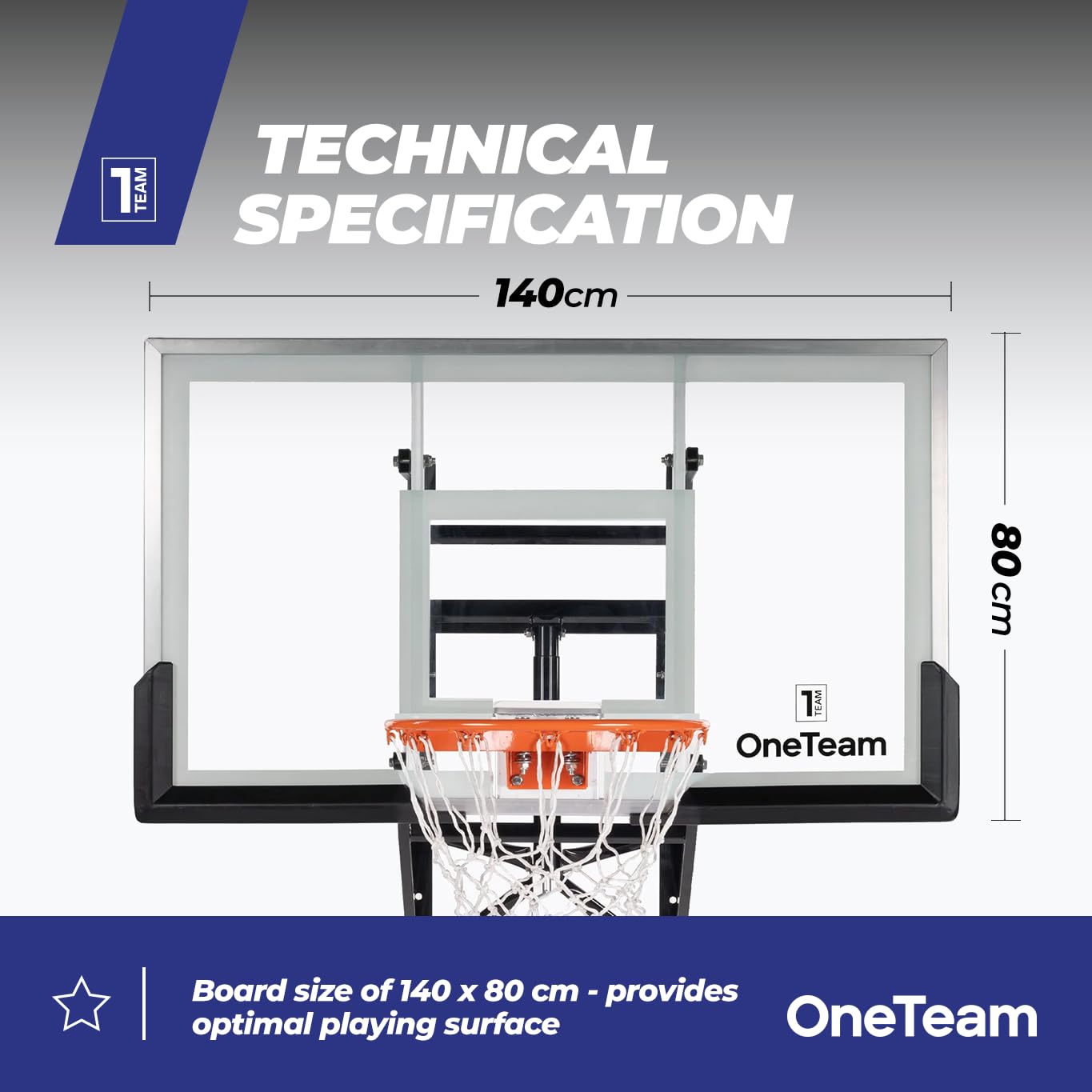 OneTeam Basketball Backboard Größe 180 x 105 cm Farbe Schwarz Höhenverstellbares Backboard mit Nylonnetz und Stahlkorb 45 cm Langlebige Materialien Konstruktion