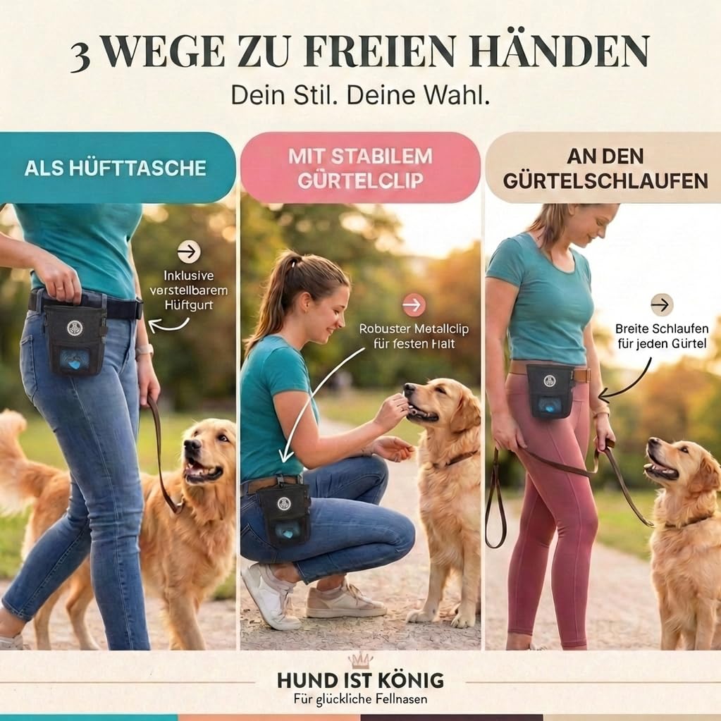 HUND IST KÖNIG Leckerlibeutel für Hunde-Training - Robuster Futterbeutel Hunde, kompakt & funktional - Futterbeutel Hundetraining für schnelles belohnen - mit Kotbeutelspender & Trainings-Ebook