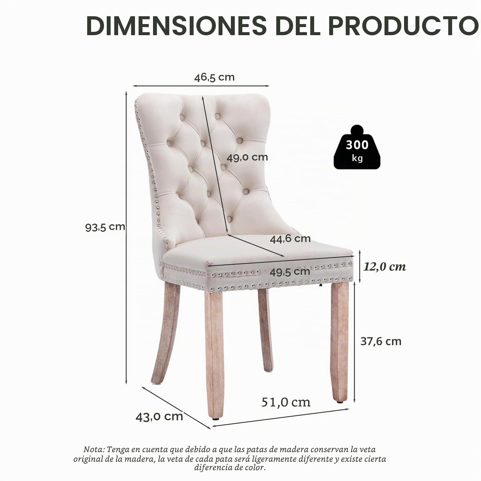 Sillas Comedor Terciopelo Beige, Patas Madera Natural, Juego 6 | Terciopelo tapizado Beige, patas madera natural. Comedor, cocina, sala. Tachuelas y anilla metálica. Sillas de comedor.
