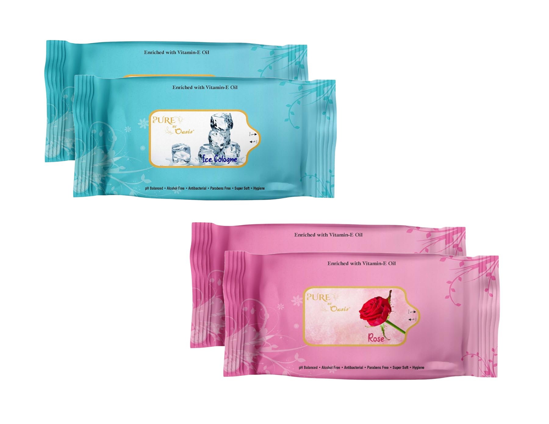 Pure by Oasis Natural Wet Wipes (25 wipes per pack) | Enriched with Vitamin E Oil | Alcohol-Free, Paraben-Free, pH Balanced | Gentle Cleansing & Refreshing Wipes (Ice Cologne-Pack of 2 & Rose-Pack of 2)-image-42