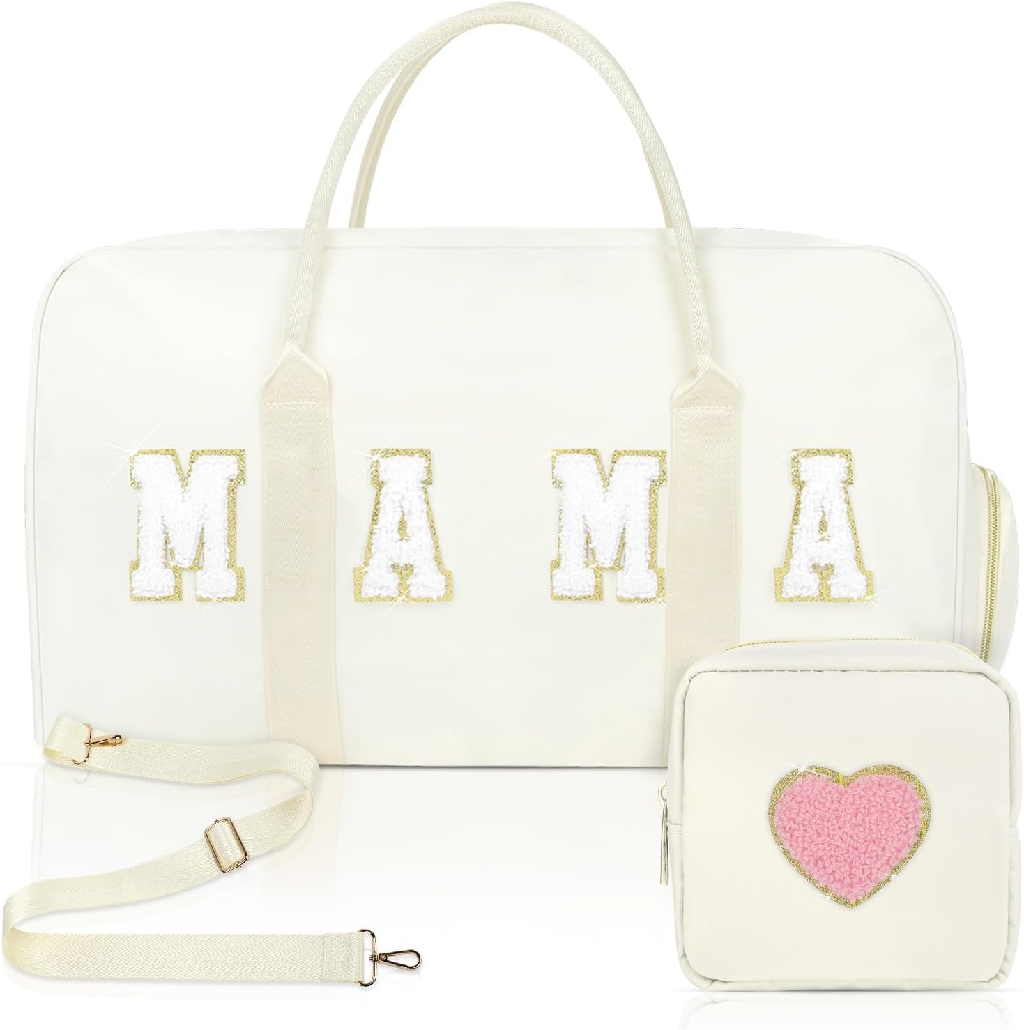 Mama Hospital Bag for Women Labor and Delivery Nylon Chenille Letter Embroidered Duffle Overnight Weekender Bag with Shoes Compartment and Mothers Day Gifts White - Image 7