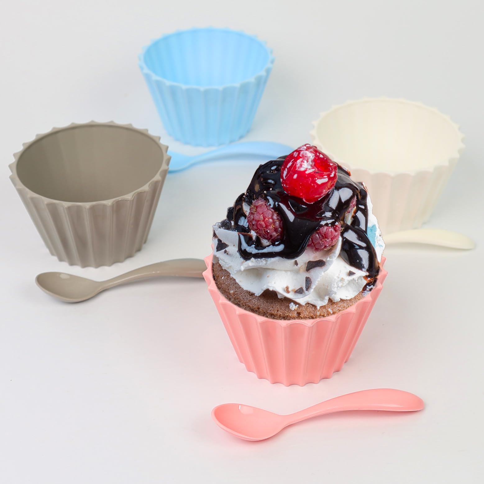 Divchi Multicolour Dessert Bowl Cereal Bowls With Spoons Set For Camping Lightweight Serving Bowls | Salad Bowls | Dinner Bowl | Dessert Cups (Pack Of 4)