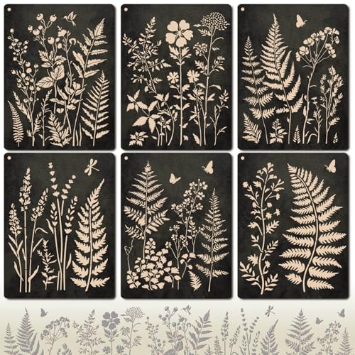 Botanical Wall Stencil Kit for Painting - Large Reusable Plastic Fern Leaf & Flower Templates 6 Pack DIY Seamless Stencils for Crafts Canvas & Home DCor Art