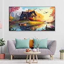 DEKORSTATION Beautiful House on the Lake with Flying Birds Nature Floating Frame Landscape Canvas Wall Painting for Wall Decoration For Living Room Bedroom Office Decor (48 Inch L x 24 Inch H)