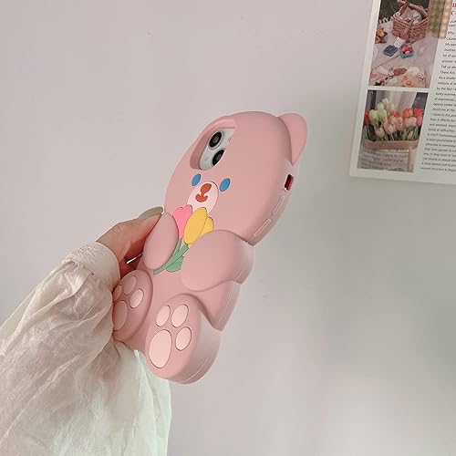 Miniatura 4 de Fundas para iPhone 13 Pro Lindas con Diseño de Oso de Flores de Dibujos Animados, Funda Rosa de Silicona Blanda 3D para Mujeres y Niñas, Funda