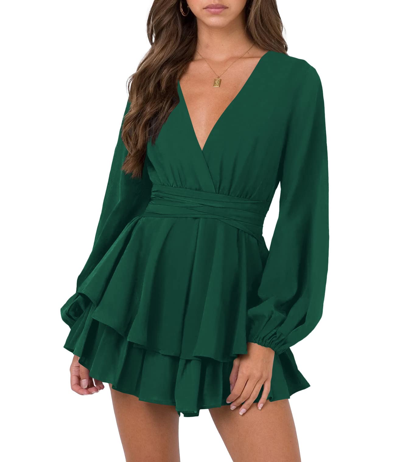 Nova In Sky Womens Sexy V Neck Long Sleeve Tie Waist Ruffle Hem Flowy Swing Mini Short Wrap Dress