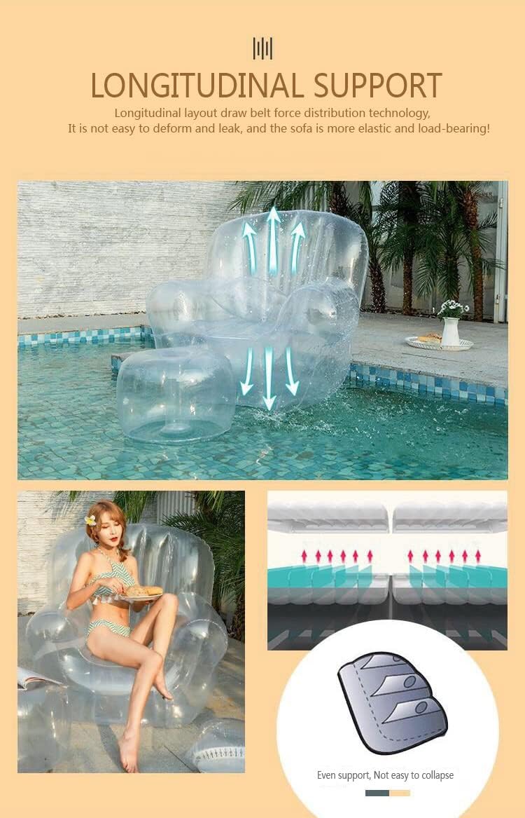 Transparent Inflatable Couch Chair Sofa with Double-Layer Leak-Proof air Plug Holds 220lbs