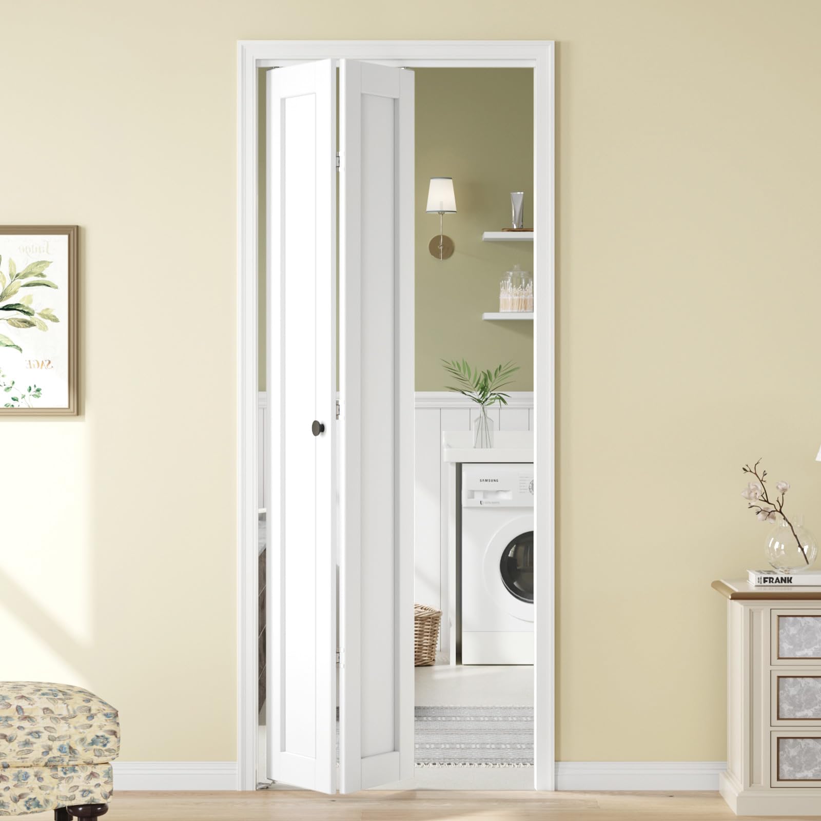 Bifold Doors for 30"x 80" Opening,1-Panel Sliding Interior Closet Folding Barn Door Slab with Concealed Hardware Kit,MDF Wood Panel,White Water-Proof PVC Surface,Preassembled,Easy Installation