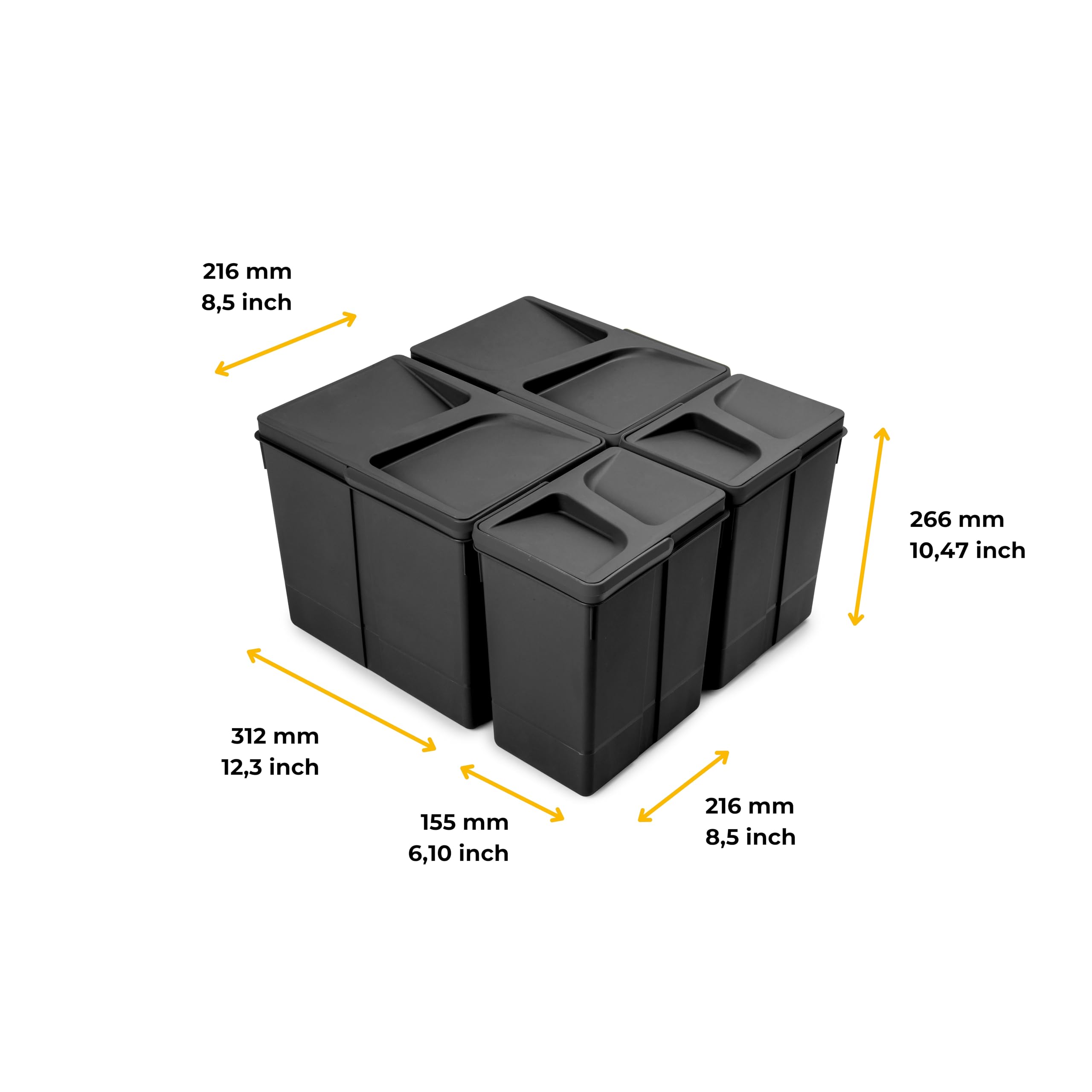 Emuca - Contenitori per la raccolta differenziata per cassetti da cucina, H 266 mm (2 x 15 L + 2 x 7 L), Plastica nera