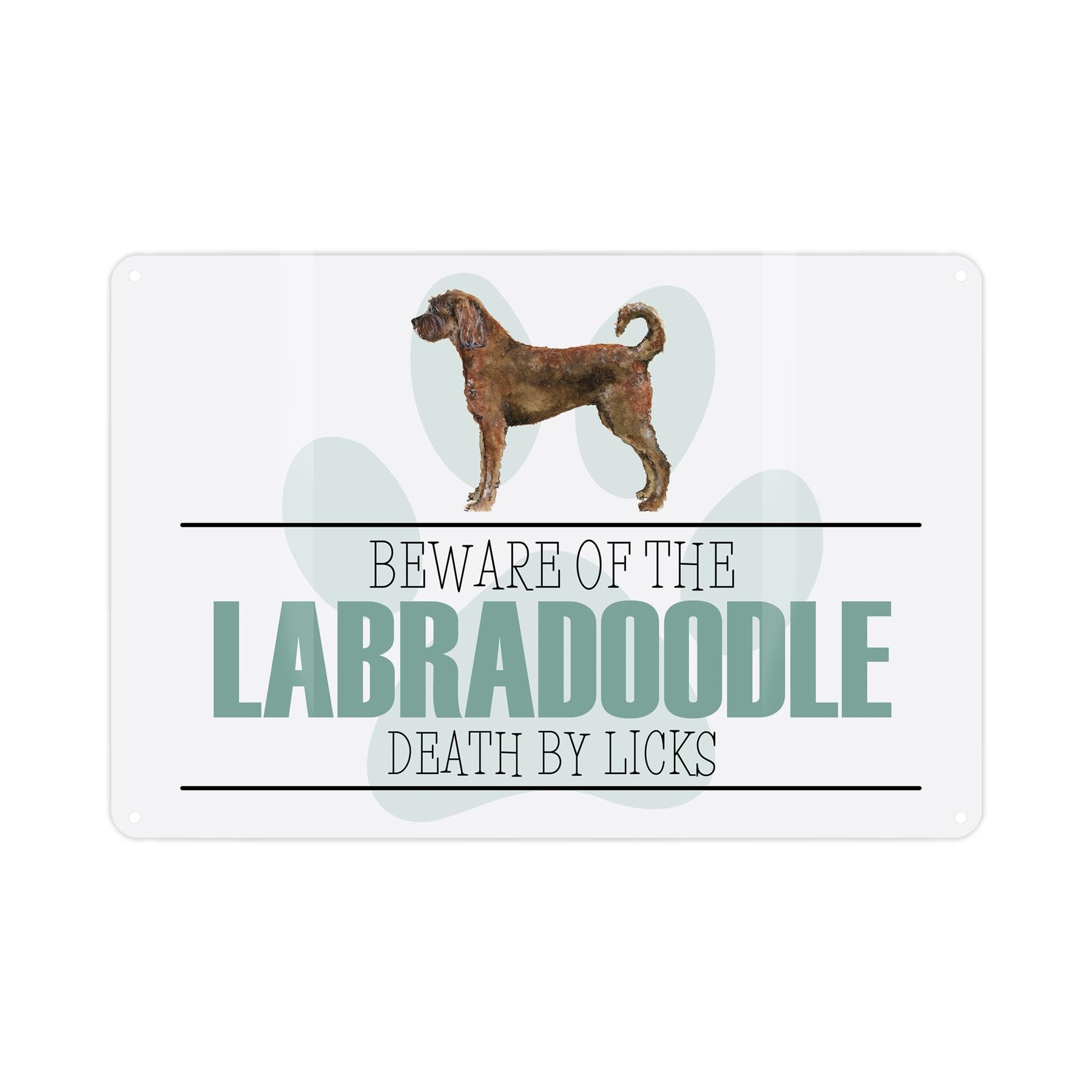 Labradoodle Novelty Dog Sign - Beware the Dog Funny Metal Plaque - Paw Print Pet Wall Decor 28cm x 20cm