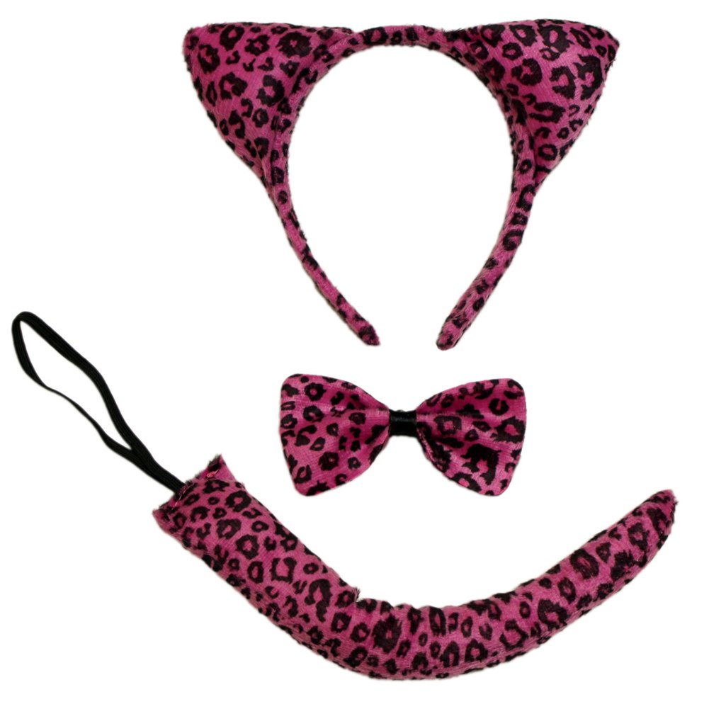 SeasonsTrading Pink Leopard Ears Headband, Tail & Bow Tie Costume Set Party Kit