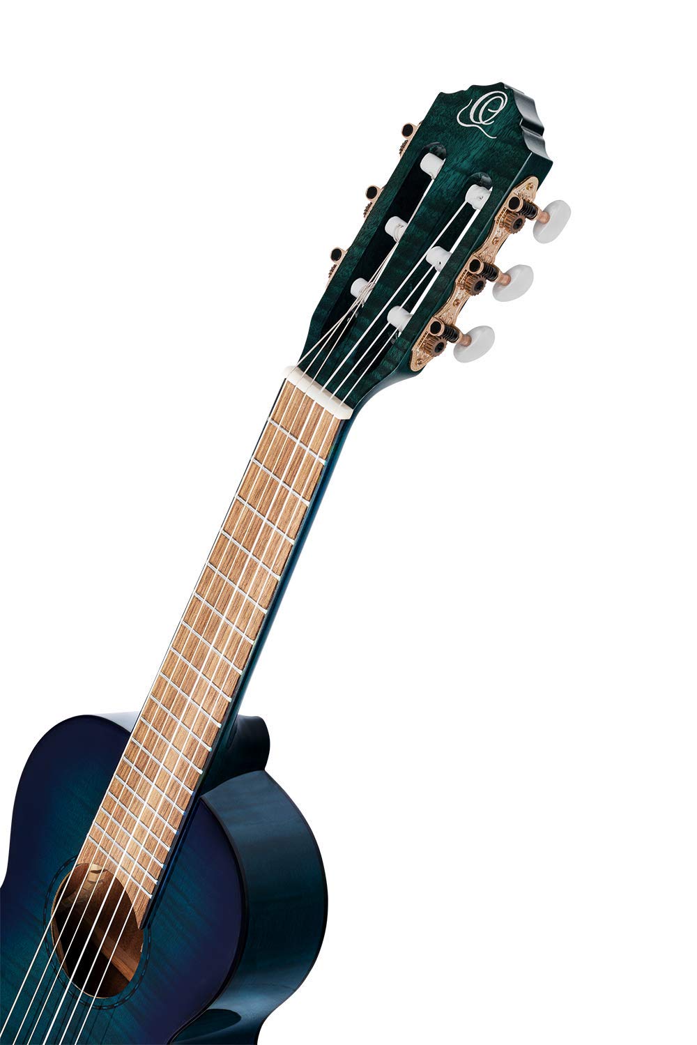 Ortega Guitars Reise Gitarre Elektro-Akustisch – Mini Travel Series – Geflammtes Mahagoni, Hochglanz Blau (RGLE18BLF)