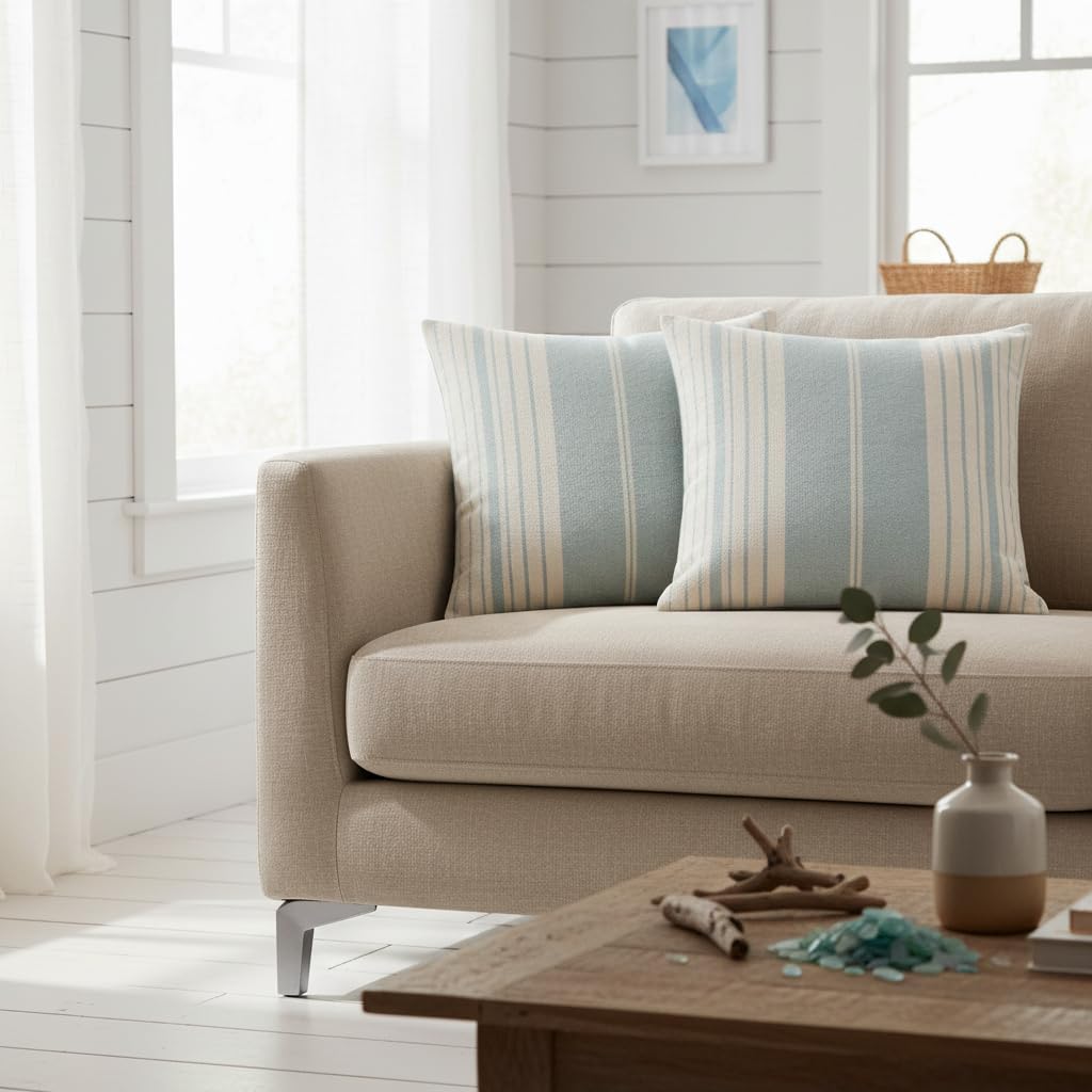 Tosleo Blue Striped Pillow Covers 18x18 inch Pack of 2 Boho Throw Pillow Covers Couch Coastal Decorative Pillow Cases Woven Textured Neutral Boho Stripes Cushion Cover Spring Farmhouse Decor - Image 8