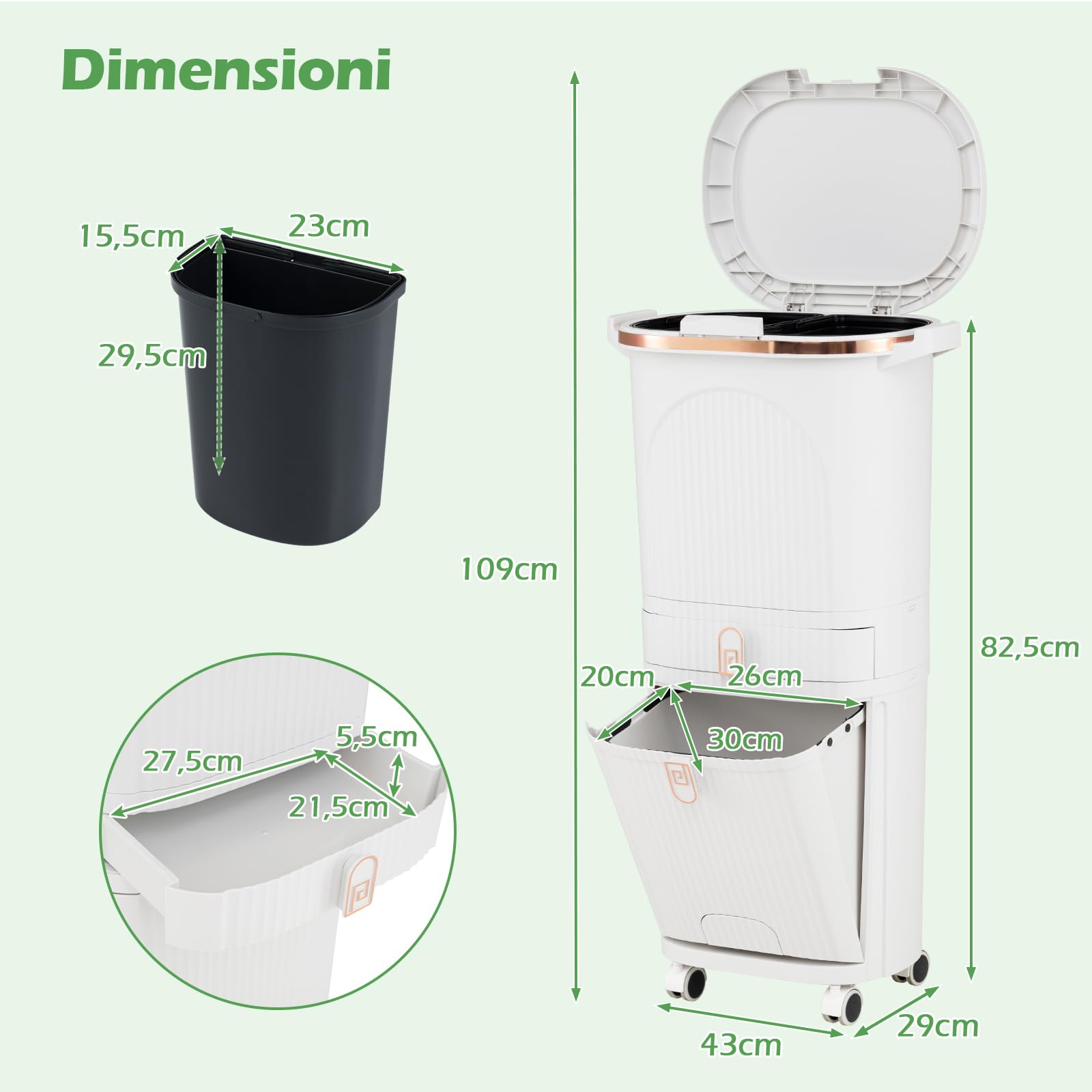 COSTWAY 42 L（12+12+14+4 L） Pattumiera Differenziata, Secchio Spazzatura a 3 Scomparti con Cassetto e Coperchi, 2 Secchi Rimovibili Pedale e Ruote, Bidoni Differenziata per Bagno Cucina Ufficio