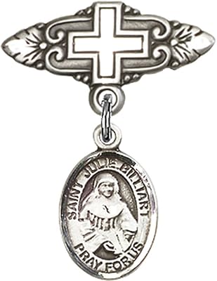 Sterling Silver Baby Badge with St. Julie Billiart Charm and Badge Pin with Cross 1 X 3/4 inches