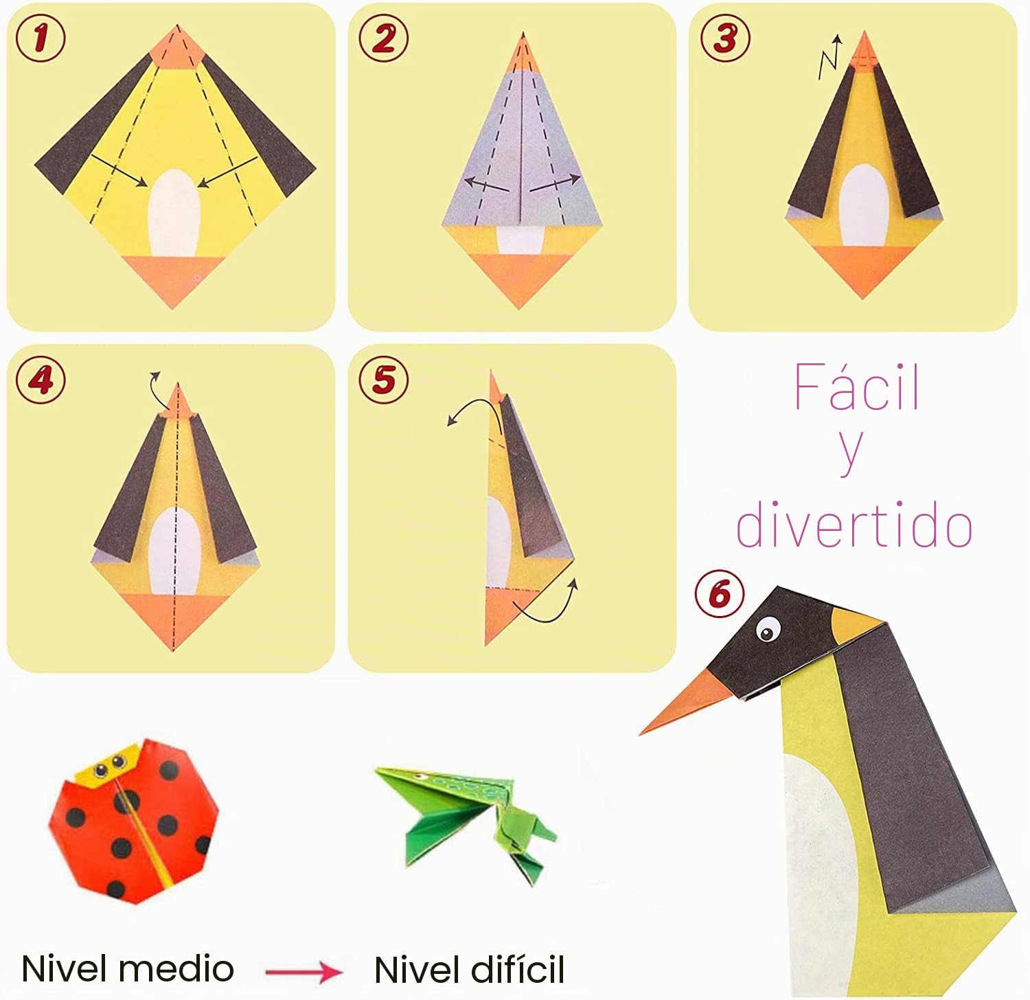 Kit de Origami 108 Hojas 14x14 cm Papel Doble Cara Vívido con Libro en Inglés para Principiantes