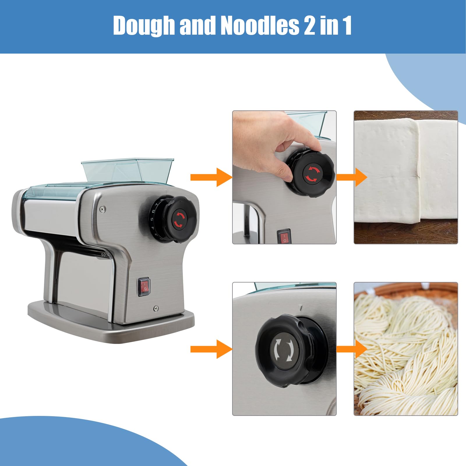 Máquina eléctrica Comercial para Hacer Pasta, Rodillo de Masa automático de Acero Inoxidable para Fideos, laminadora de Masa de Fideos de Grosor Ajustable con Cuchilla Doble para p