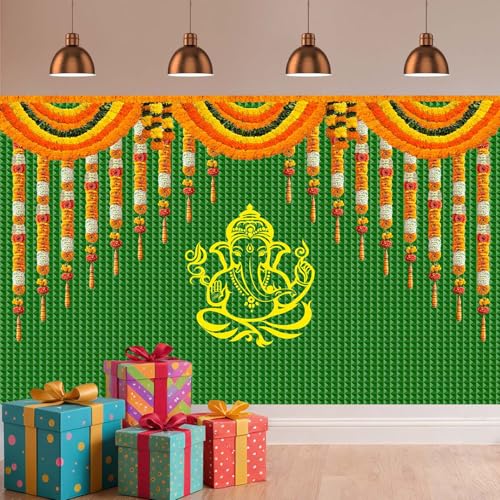 Image of 15x10FT India Pooja Traditional Backdrop Marigold Green Banana Leaf Chatiya Ganesh Traditional Festival Photography Background Puja Ganpati Wedding Party Decoration Photo Props