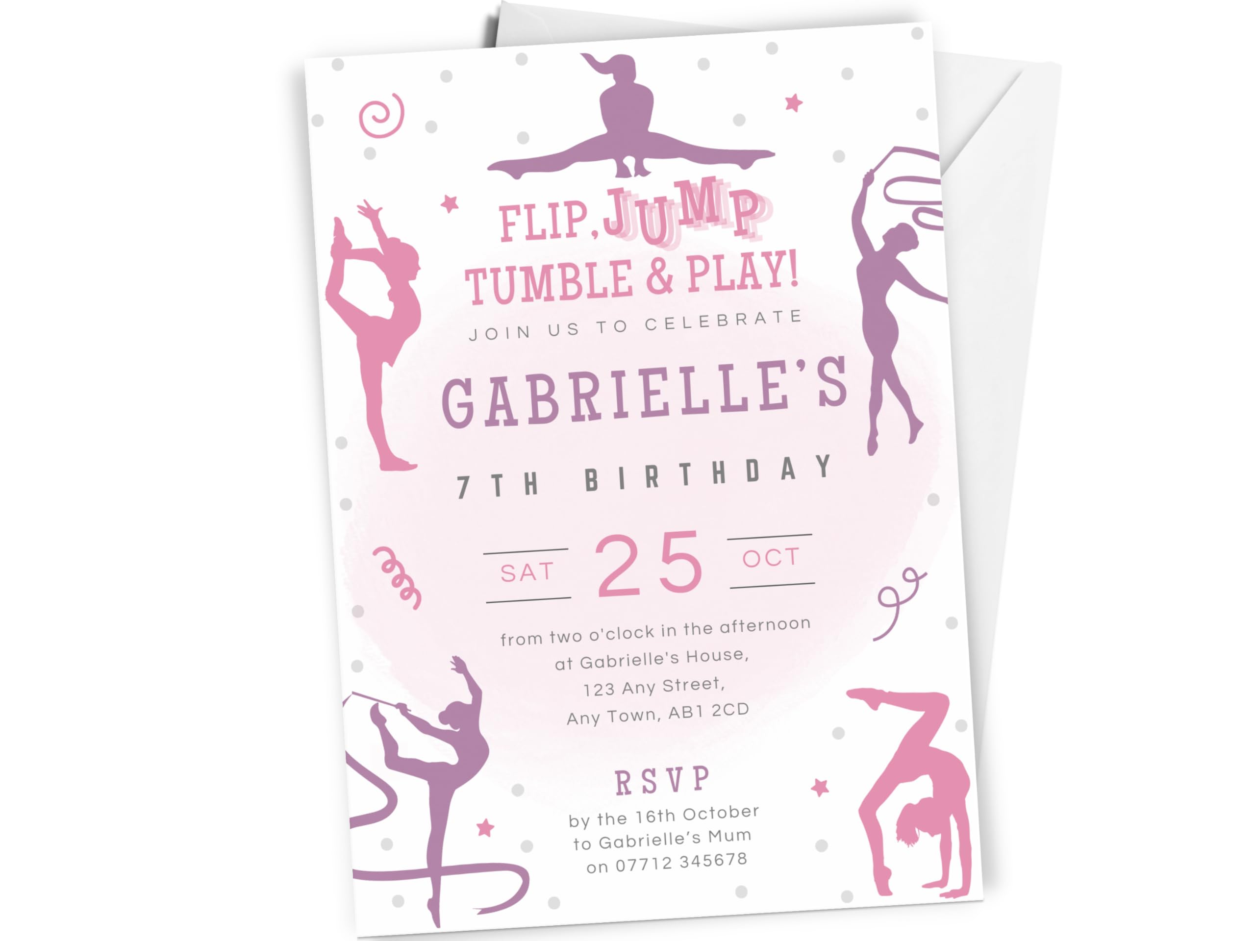 Love To Cherish 10 x Personalised Gymnastics Birthday Party Invitations with envelopes, Girl's Pink & Purple Themed Gymnast Birthday Invites, Gymnastic Themed Birthday Invitation