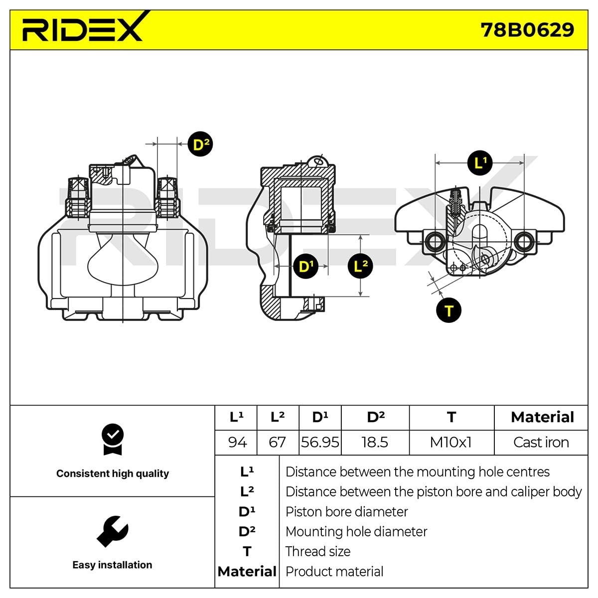 RIDEX 78B0629 Pinza de freno Delantero Izquierda Delantero sin soporte Compatible con VW Transporter T4 Bus 70B, 70C, 7DB, 7DK, 70J, 70K, 7DC, 7DJ