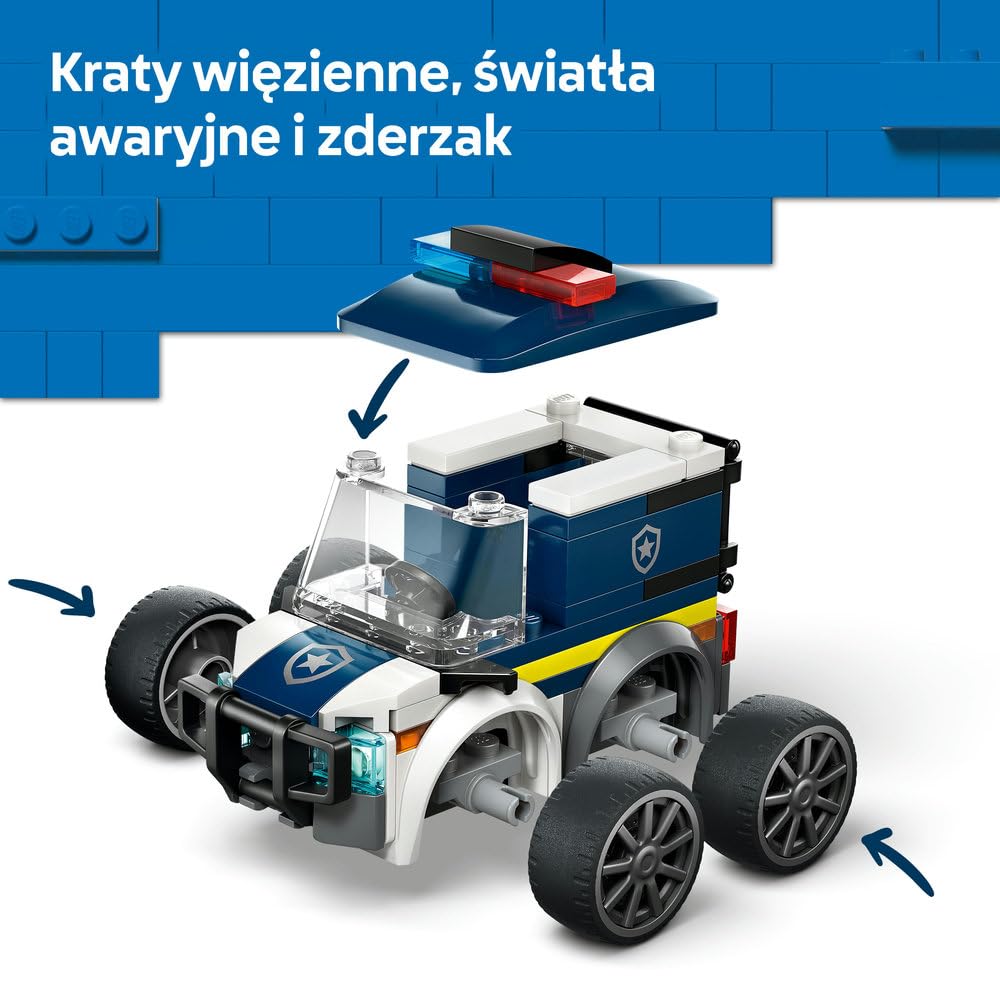 LEGO City Pojazdy — Ciężarówka policyjna, pojazd ratunkowy, zabawka dla dzieci z minifigurką małego policjanta, pomysł na prezent dla 5-latka na urodziny, klocki dla chłopca i dziewczynki 60481