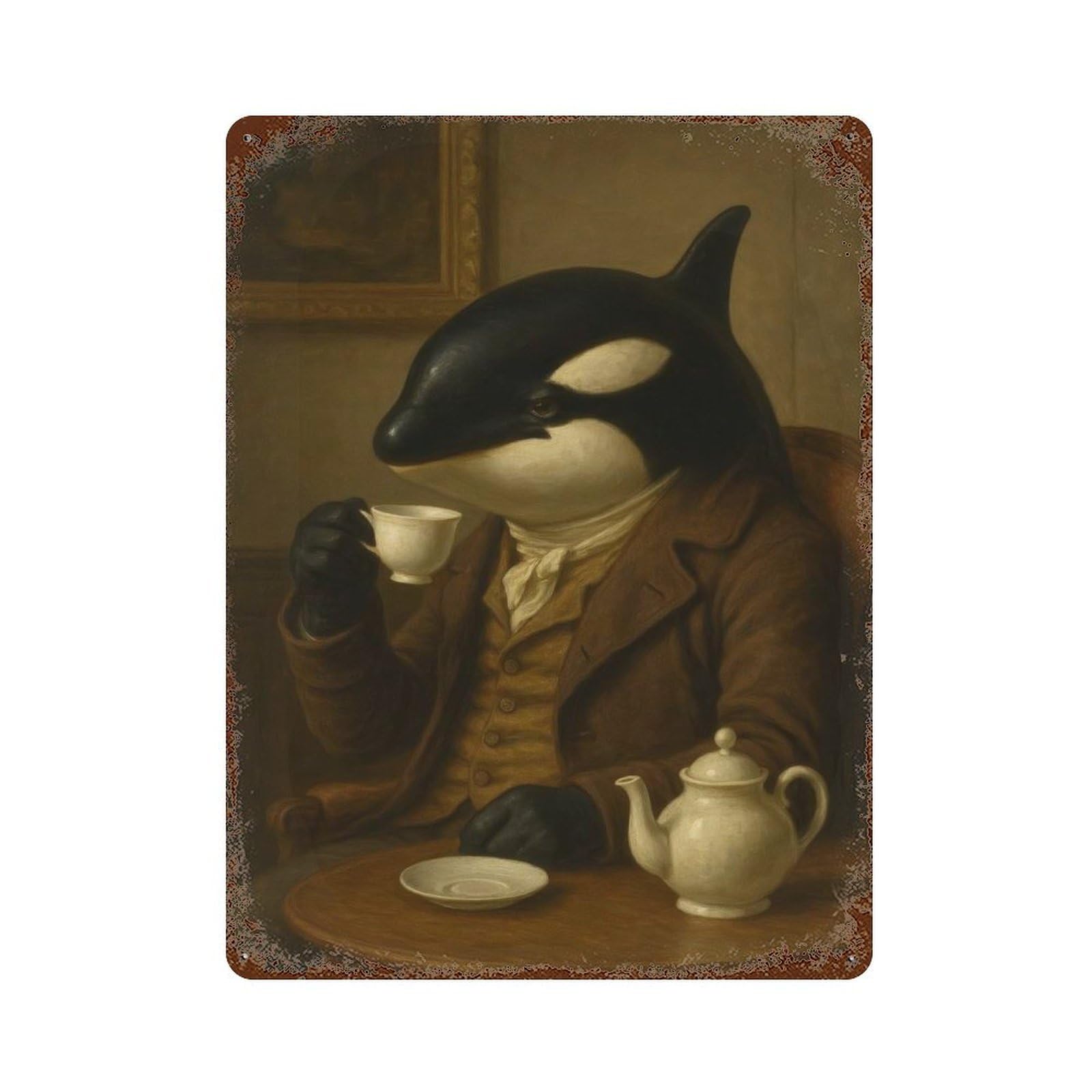 Orca Gentleman Drinking Tea Distressed Metal Wall Sign 15.7"x11.8", Ideal for Garage, Bar And Workshop Decor