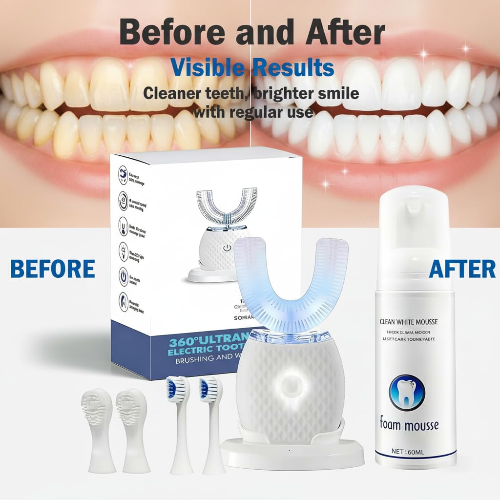 360° Ultrasonic U-Shaped Electric Toothbrush – Hands-Free Auto Cleaning with Foam Mousse, 4 Brush Heads, LED Light & Charging Base for Adults (White) - 3