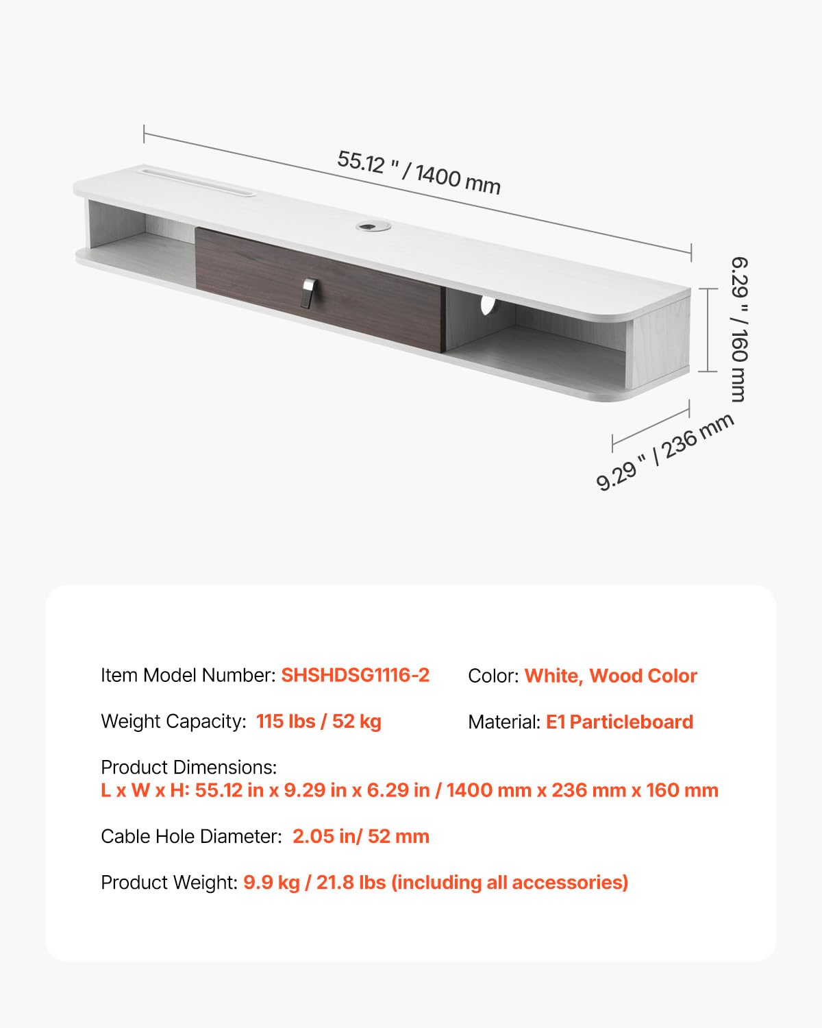 VEVOR Meuble TV flottant 140 cm console multimédia murale avec passe-câbles étagère TV moderne panneaux de particules blanc