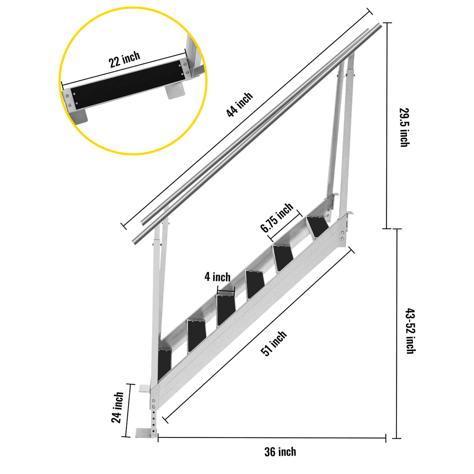 VEVOR Dock Ladder with Rubber Mat, Dock Steps 30"-39" Adjustable Height, Dock Stairs Aluminum 6 Step, Each Step 22" x 4", 500Lbs Load, for Lake, Marine Boarding, Pool
