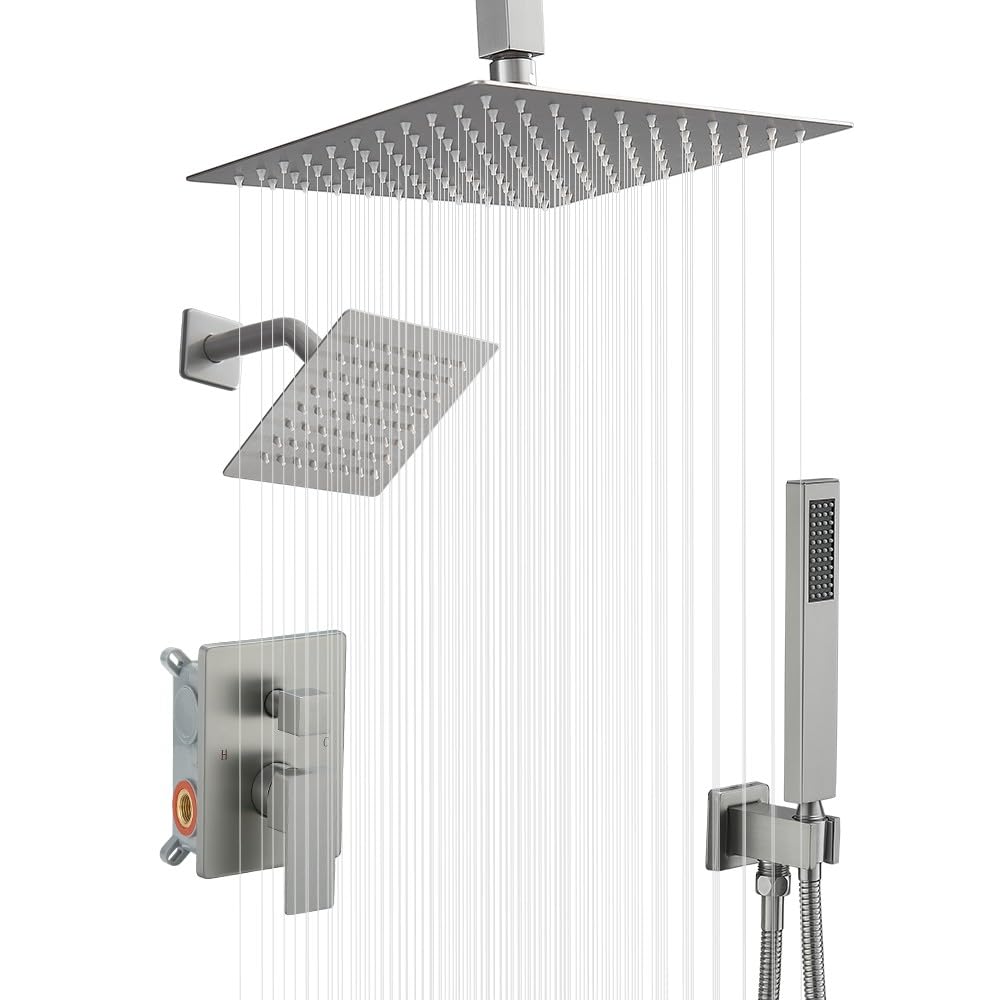 Système de douche en nickel brossé avec double pommeau de 25,4 et 15,2 cm