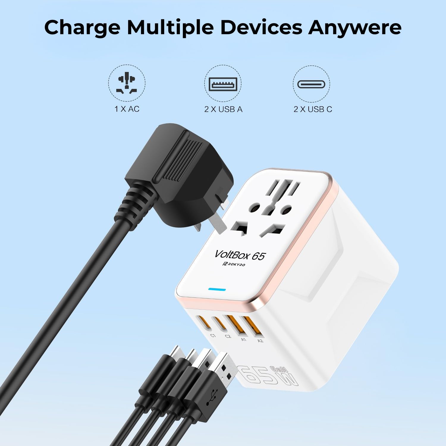 Cargador y Adaptador de Viaje Universal 65W. Carga rápida en 2 Puertos simultáneamente, PD (Power Delivery), tecnología GAN, compatibilidad Global EU/UK/US/AU.
