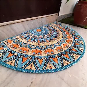 AVIONI Home Floor Mats in Beautiful Blue Tone Rangoli Design | Half Circle Rugs | Anti Slip, Durable & Washable | Outdoor & Indoor - 84cm x 135cm (~33