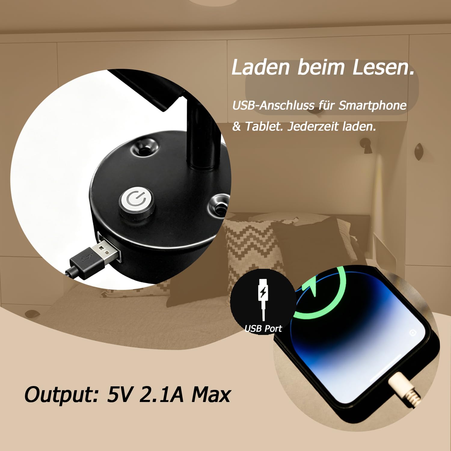 D-lite 12V LED Leselampe mit USB für Wohnmobil, Dimmbar Warmweiß und Blau