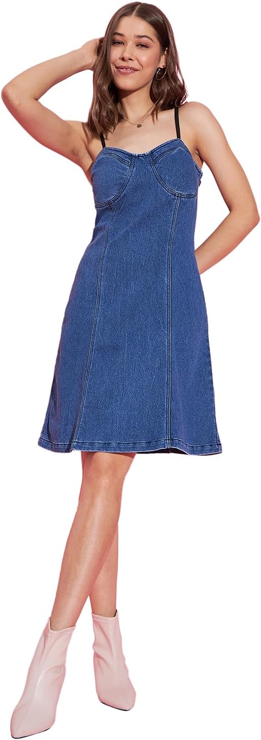 StyleStoneWomen's Denim Corset Style Padded Skater Dress