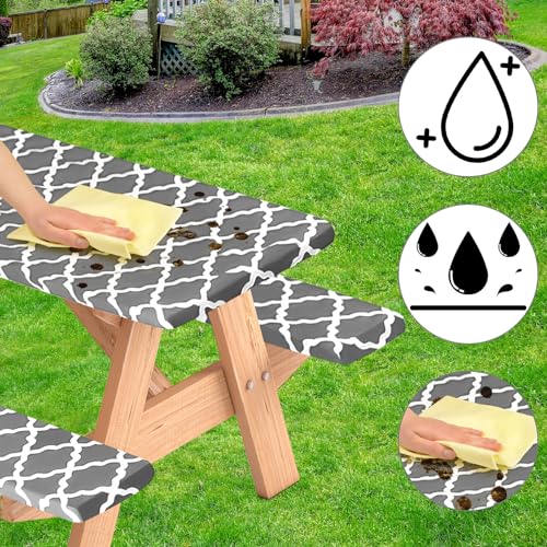 BOUBONI 3 Pcs Set Fitted Picnic Table Cover with Bench Covers Vinyl Camping Table Cloth Flannel Backing Picnic Table Cloth for 6ft Tables Camping Outdoor (Gray Morocco, 30 x 72 Inches) by BOUBONI - Image 5