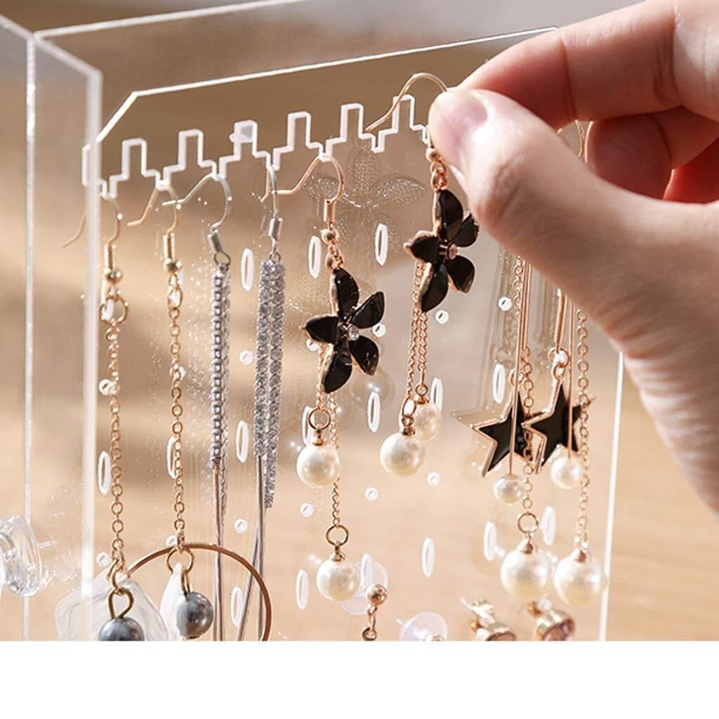 Organizador de Joyas de acrílico con 2 cajones y 3 colgadores para Pendientes, Transparente para Anillos, Collares y Pulseras.