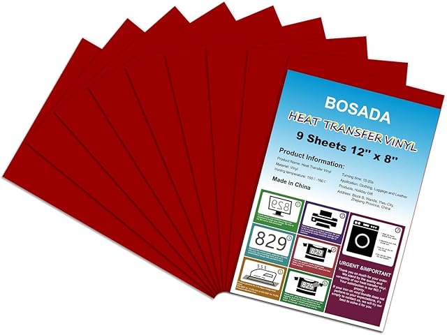 BOSADA Heat Transfer Vinyl, Red HTV Vinyl Bundles 9 Packs 12 x 8 Inches Easy to Cut Iron on Vinyl for Fabric,T-Shirt,Hats,Pillows
