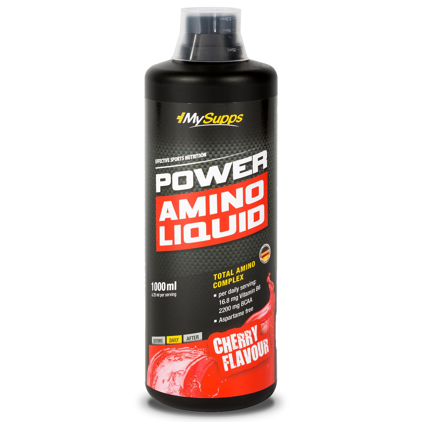 My Supps Power Amino Liquid 1000ml Kirsche Cherry – flüssiger Aminosäuren Komplex mit BCAA, EAA und Vitamin B6 – Protein-Hydrolysat ohne Laktose – trinkfertig – made in Germany