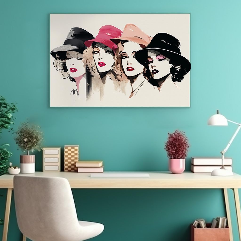 Canvas for Living room. Fashionable Quartet in Hats and Rouge A Statement of Chic and Style, 27 x 18 inch Canvas Wall Art - Modern Home Decor - 69x46 cm (27x18 inch)